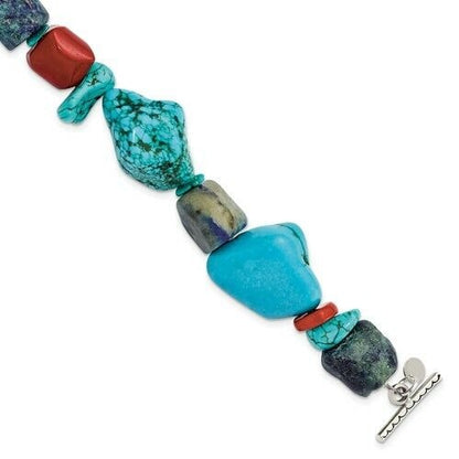 Sterling Silver Red Coral Howlite Lapis Turquoise 8 in Long Bracelet