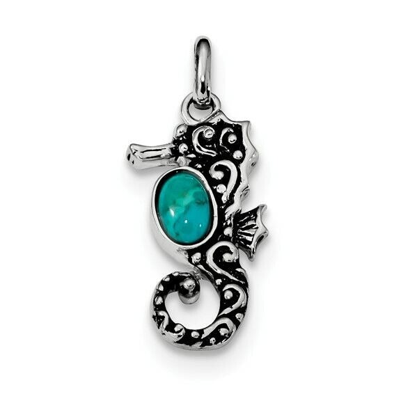 Sterling Silver 925 Rhodium-Plated Seahorse Pendant With Turquoise Accent