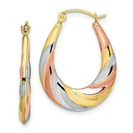 10K tri-color  Gold Oval Scalloped Hollow Hoop Earrings