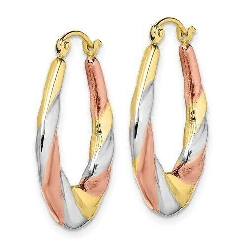 10K tri-color  Gold Oval Scalloped Hollow Hoop Earrings