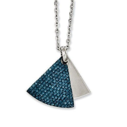 Stainless Steel Blue Crystal & Brushed Triangle Pendant Necklace 20in Chain