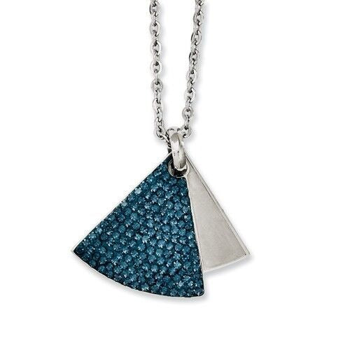 Stainless Steel Blue Crystal & Brushed Triangle Pendant Necklace 20in Chain