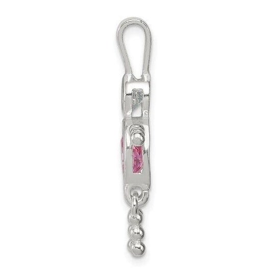 Sterling Silver Rhodium-plated CZ and Birthstone Pink October Glass Boy Pendant