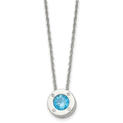 March Blue Birthstone  Circle Pendant 20 inch Loose Rope Chain Stainless Stee