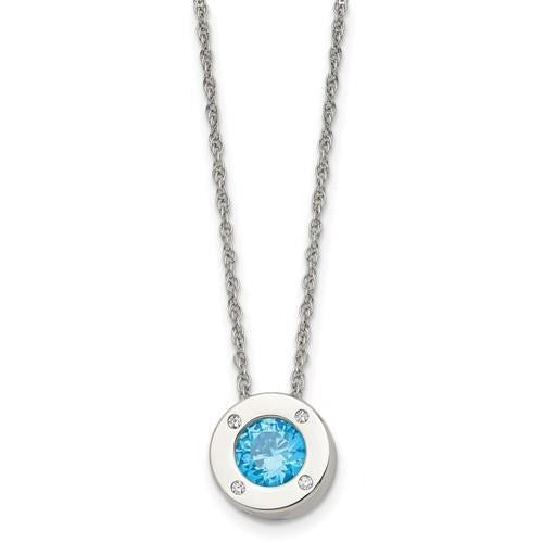 March Blue Birthstone  Circle Pendant 20 inch Loose Rope Chain Stainless Stee