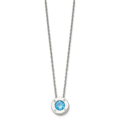 March Blue Birthstone  Circle Pendant 20 inch Loose Rope Chain Stainless Stee