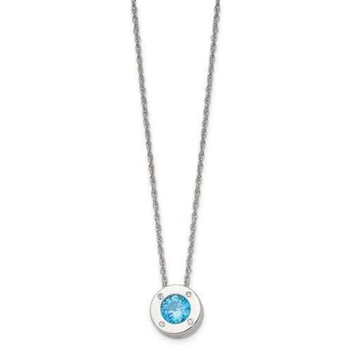 March Blue Birthstone  Circle Pendant 20 inch Loose Rope Chain Stainless Stee
