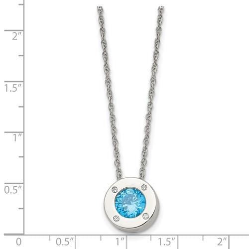 March Blue Birthstone  Circle Pendant 20 inch Loose Rope Chain Stainless Stee