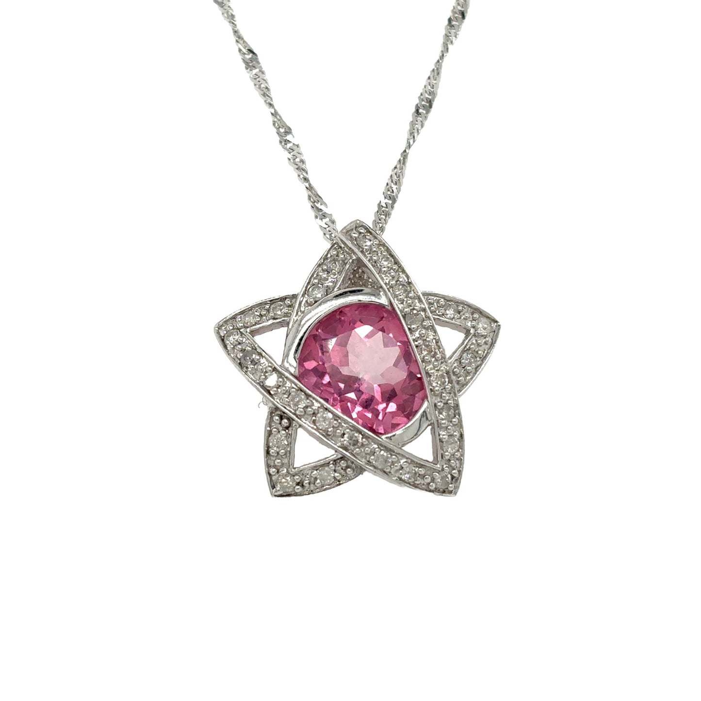 4.45ct Pink Topaz & .28ct Diamond Pendant & Chain 10k White GOLD 4.9g