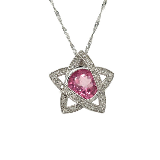4.45ct Pink Topaz & .28ct Diamond Pendant & Chain 10k White GOLD 4.9g