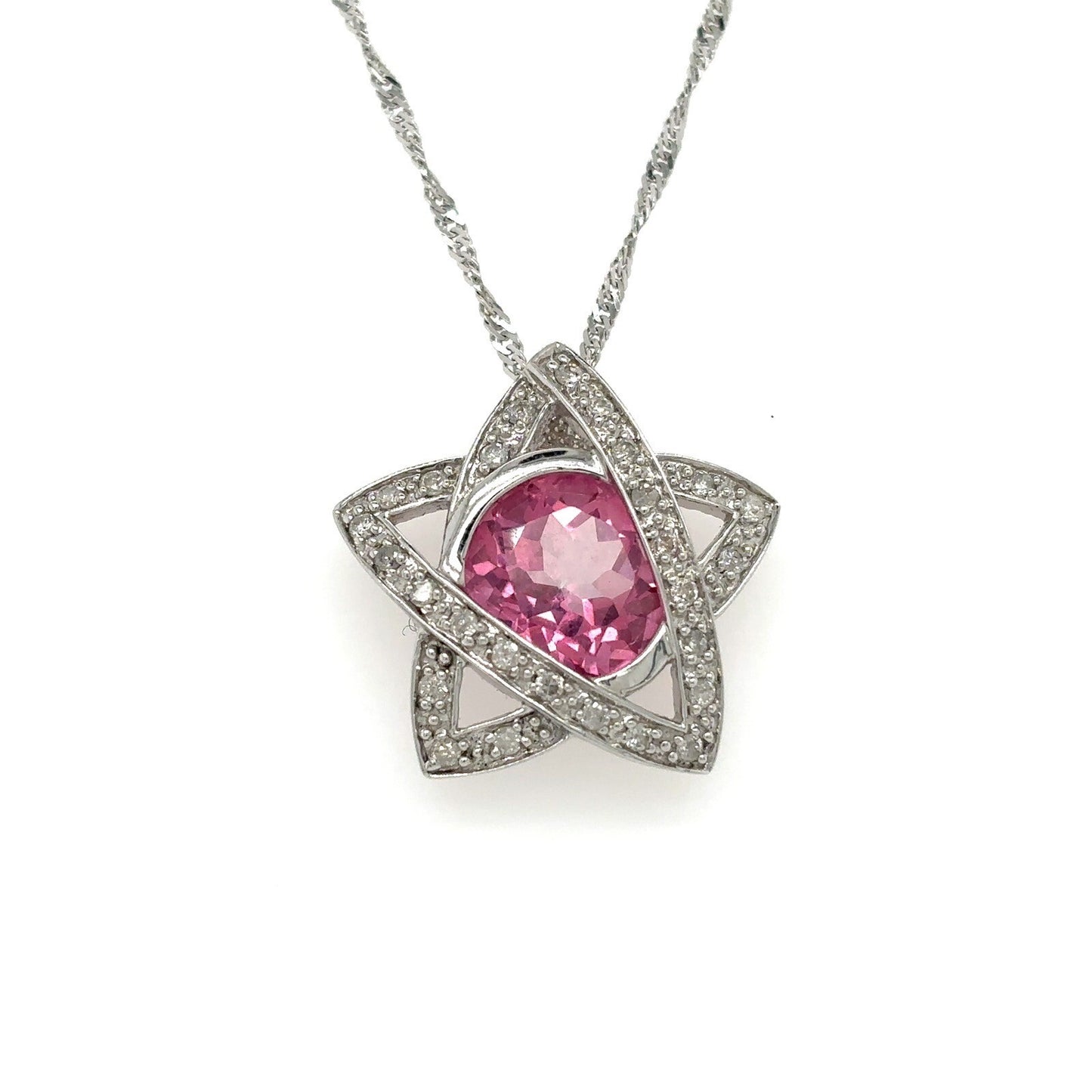 4.45ct Pink Topaz & .28ct Diamond Pendant & Chain 10k White GOLD 4.9g