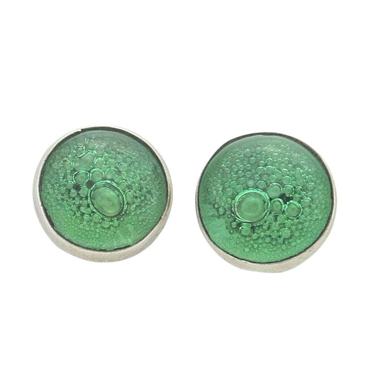 Green Glass Button Earrings .925 Sterling Silver 7.1g Round Post Back