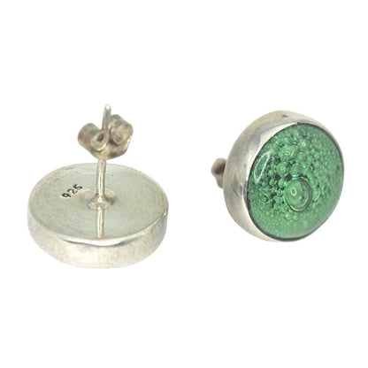 Green Glass Button Earrings .925 Sterling Silver 7.1g Round Post Back