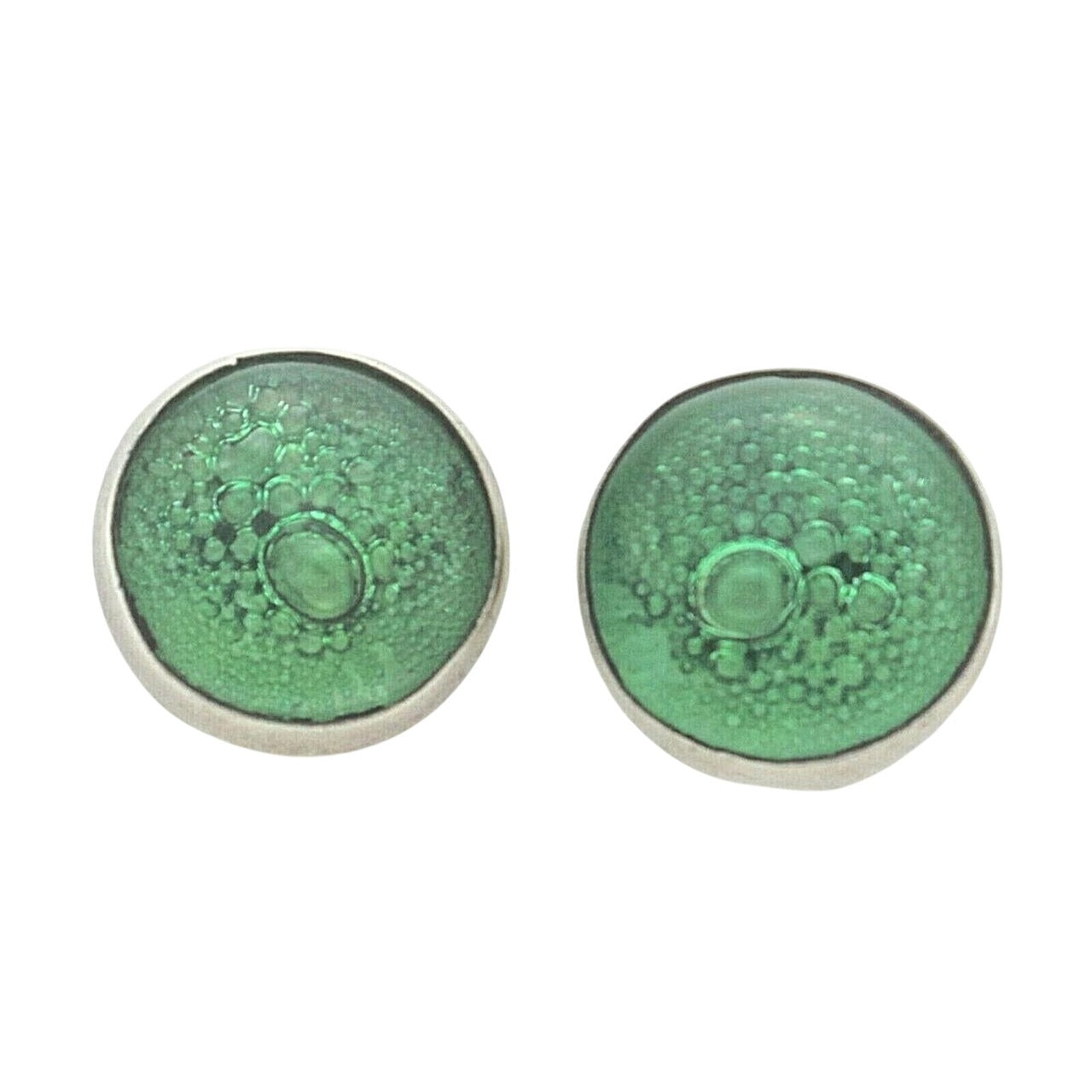 Green Glass Button Earrings .925 Sterling Silver 7.1g Round Post Back