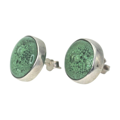 Green Glass Button Earrings .925 Sterling Silver 7.1g Round Post Back