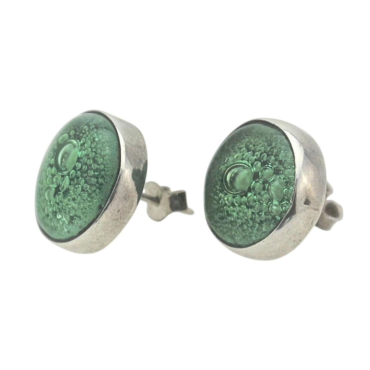 Green Glass Button Earrings .925 Sterling Silver 7.1g Round Post Back