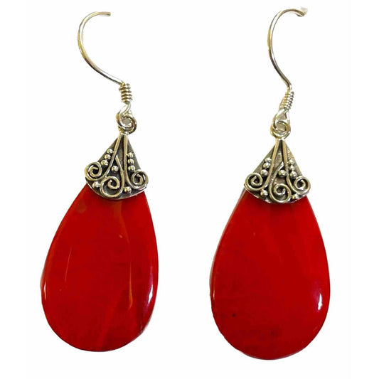 Maroon Red Color Teardrop Sterling Silver Dangle Drop Earrings