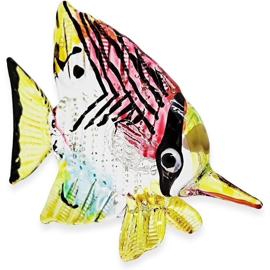 Handcrafted 2¾" Blown Glass Butterflyfish Figurine Vibrant Red & Yellow Aquarium-Themed Art Decor