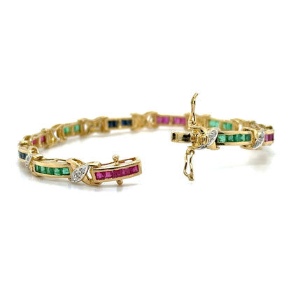 18k Yellow Gold Sapphire Ruby Emerald & Diamond 6.75" inch Bracelet 12.9g