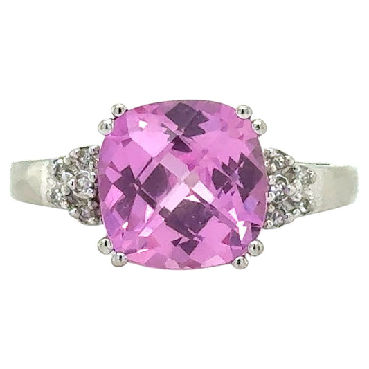 Created Pink Sapphire & Diamond 10k White Gold Ring 3.8g Size 9.5