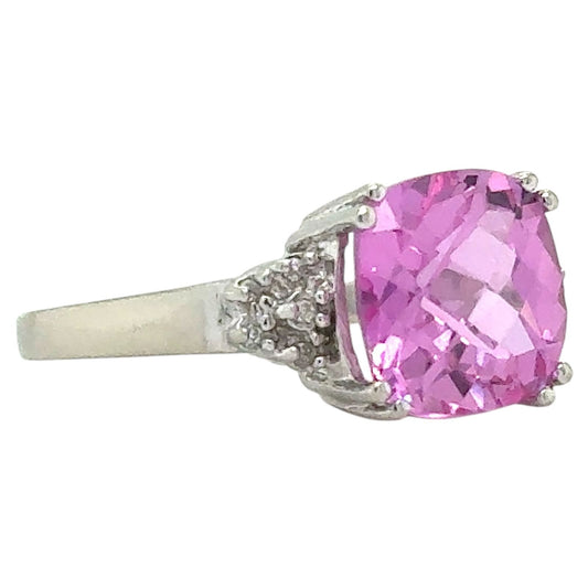 Created Pink Sapphire & Diamond 10k White Gold Ring 3.8g Size 9.5