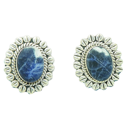 Large Oval Sodalite Clip-On Earrings .925 Sterling Silver