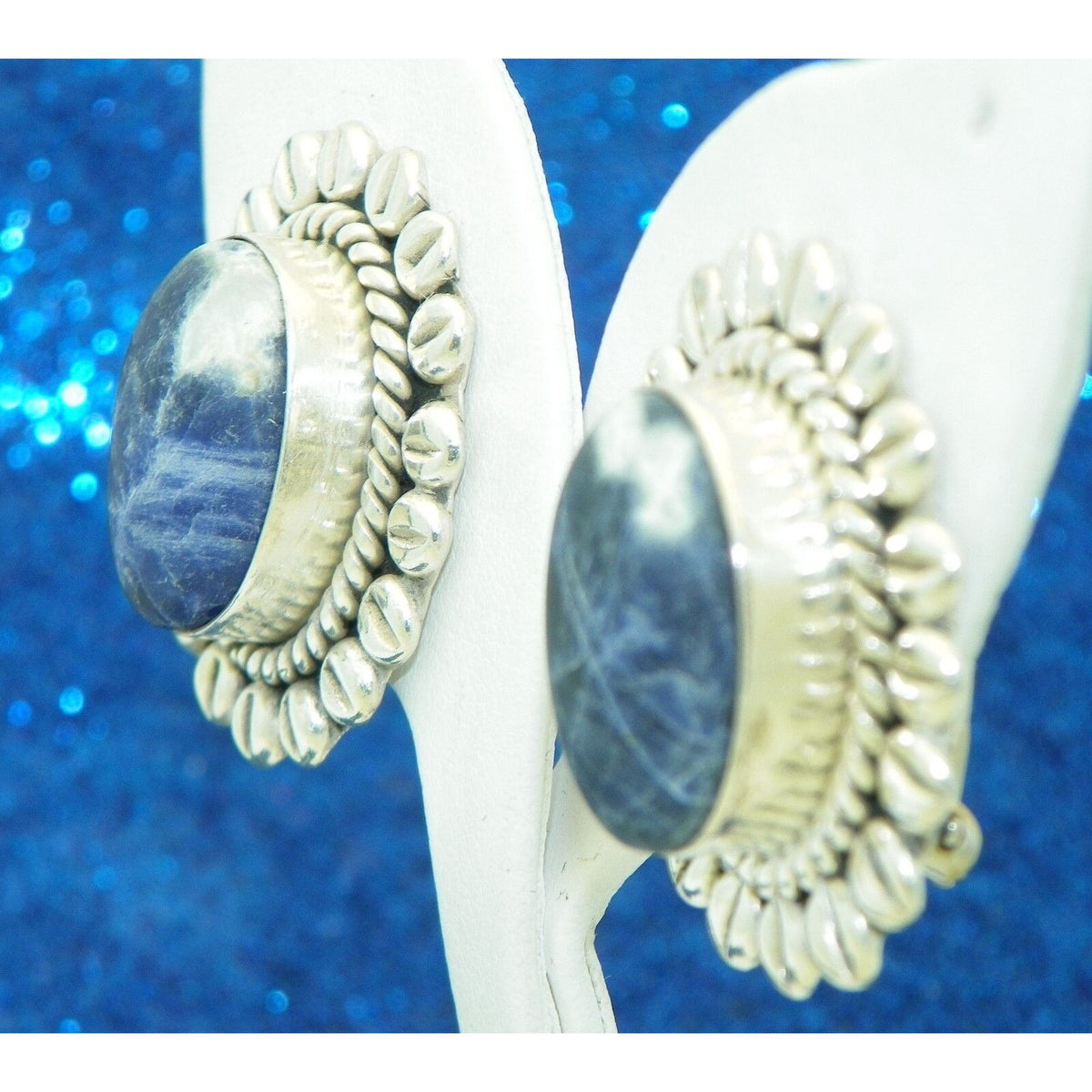 Large Oval Sodalite Clip-On Earrings .925 Sterling Silver