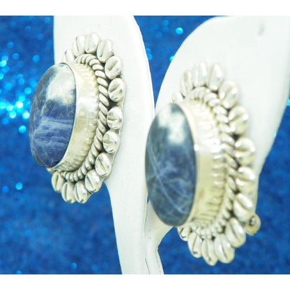 Large Oval Sodalite Clip-On Earrings .925 Sterling Silver