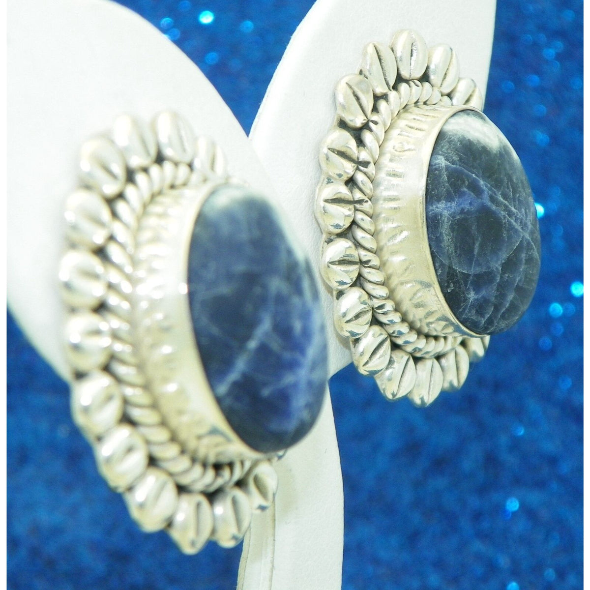 Large Oval Sodalite Clip-On Earrings .925 Sterling Silver