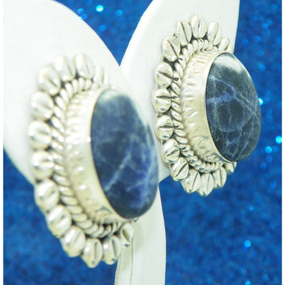 Large Oval Sodalite Clip-On Earrings .925 Sterling Silver
