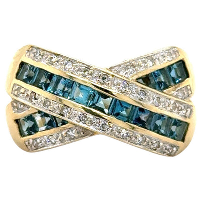 Blue Topaz & 1/10ctw Diamond 14k Yellow Gold Ring 6.2g Size 9