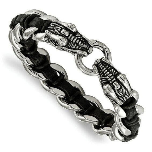 Chisel Stainless Steel Dragon Head Bracelet With Black Leather