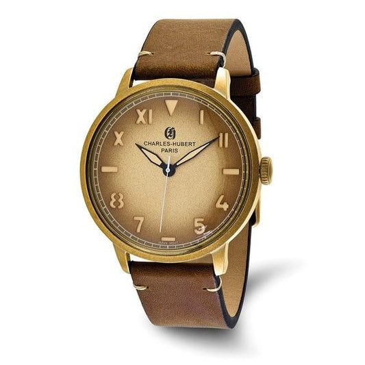 Charles-Hubert Paris Mens Gold-Tone Watch With Brown Leather Strap & Limited Lifetime Warranty
