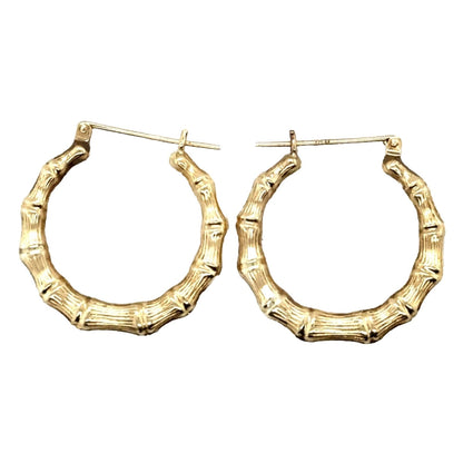 14K Yellow Gold Bamboo Style Hoop Earrings 1.4g
