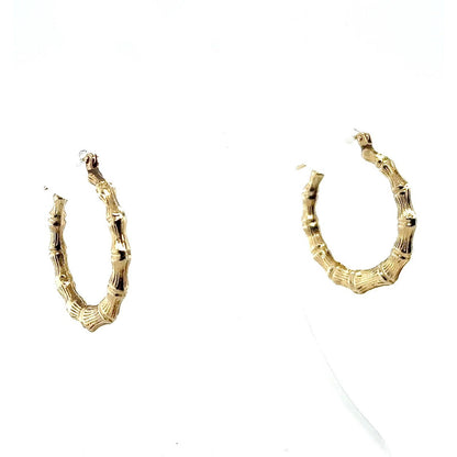 14K Yellow Gold Bamboo Style Hoop Earrings 1.4g