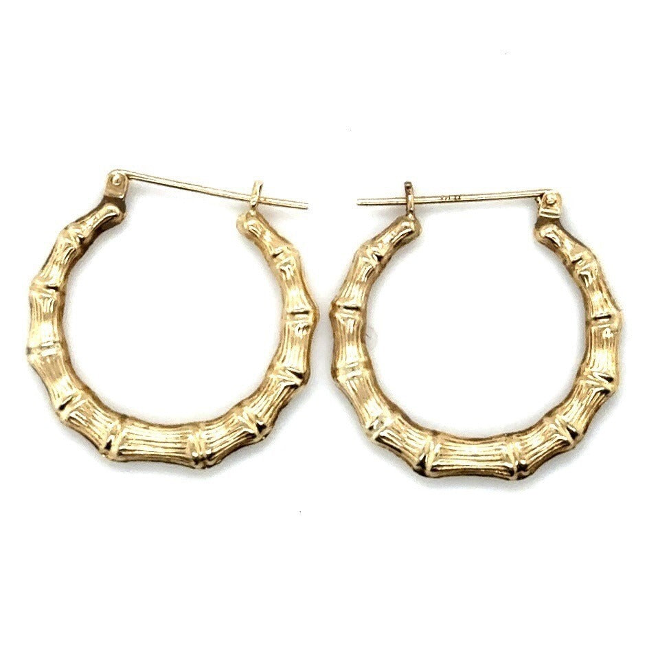 14K Yellow Gold Bamboo Style Hoop Earrings 1.4g