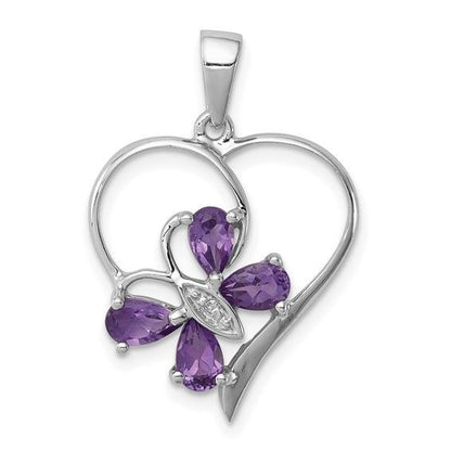 Sterling Silver Amethyst & Diamond Butterfly Heart Pendant
