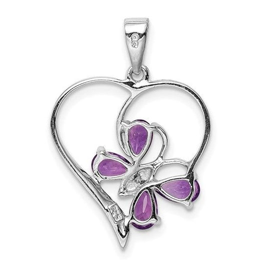 Sterling Silver Amethyst & Diamond Butterfly Heart Pendant