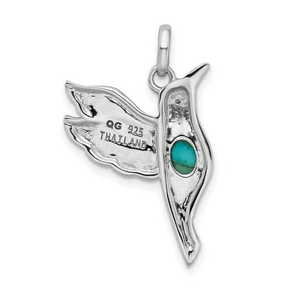 Sterling Silver Rhodium Oxidized Recon Turquoise & CZ Detailed Hummingbird Pendant