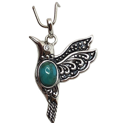 Sterling Silver Rhodium Oxidized Recon Turquoise & CZ Detailed Hummingbird Pendant