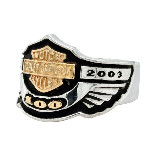 Harley Davidson Sterling Silver & 18k Yellow Gold 100th Anniversary Ring Size 13.25 23.9g
