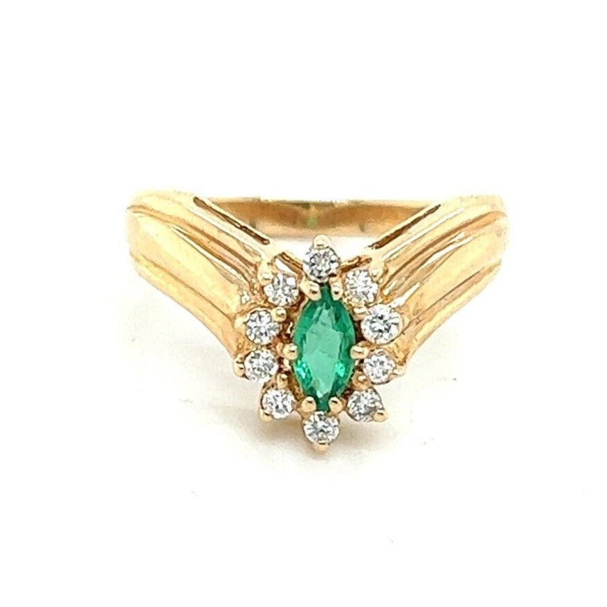 Emerald Solitaire & 1/5ct Diamond 14k Yellow Gold Ring 3.4g Size 6.75