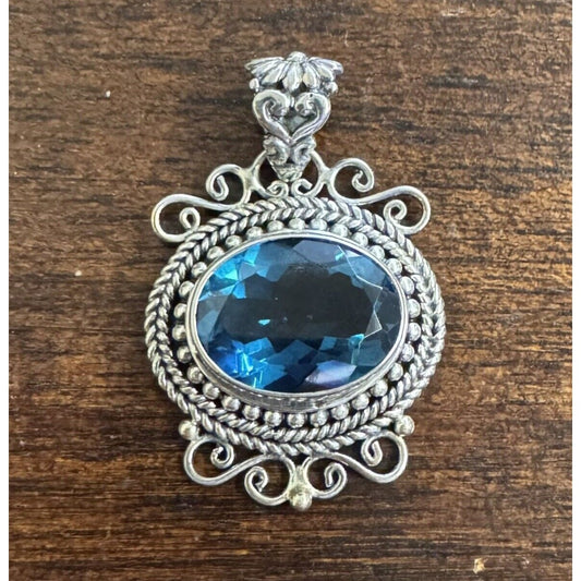 Sterling Silver Blue Oval Gemstone Pendant .925 Filigree Detailing