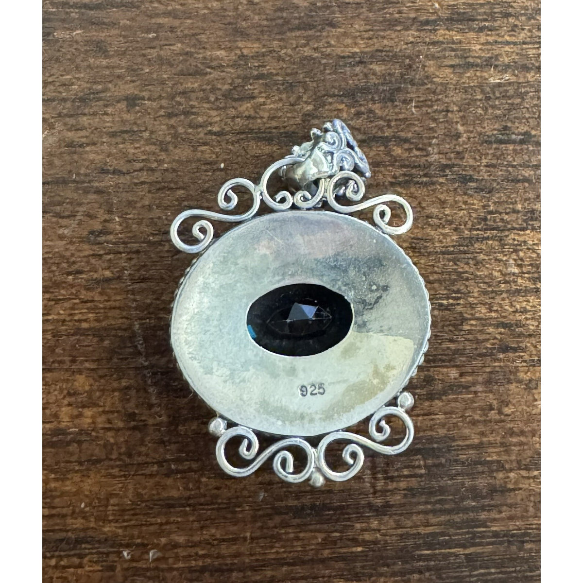 Sterling Silver Blue Oval Gemstone Pendant .925 Filigree Detailing