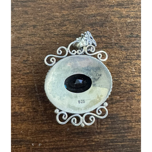 Sterling Silver Blue Oval Gemstone Pendant .925 Filigree Detailing