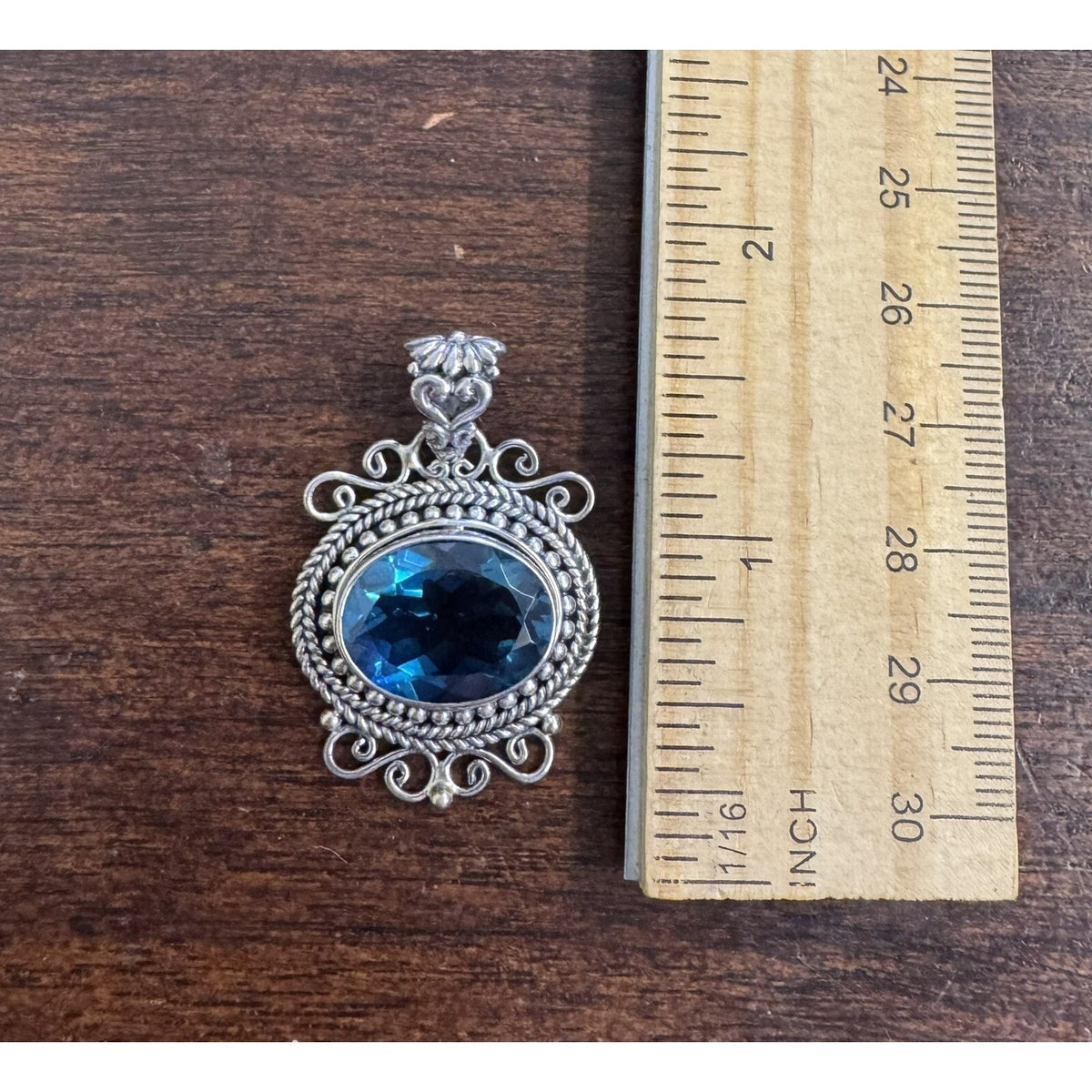 Sterling Silver Blue Oval Gemstone Pendant .925 Filigree Detailing