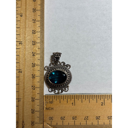 Sterling Silver Blue Oval Gemstone Pendant .925 Filigree Detailing