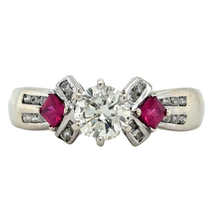 18k White Gold 3/4ctw Diamond & Ruby Size 9 Ring 4.5g (Center Stone Chipped)