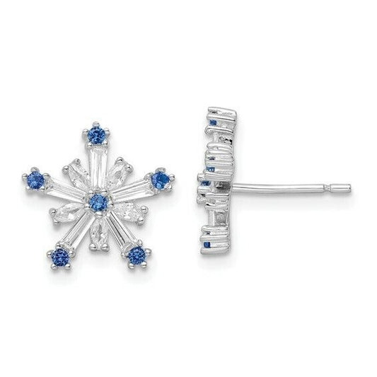 Sterling Silver Rhodium-Plated Polished Blue & White CZ Snowflake Earrings