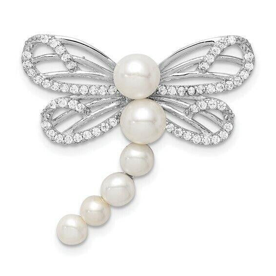 Sterling Silver Rhodium-Plated Dragonfly Chain Slide With Imitation Shell Pearls & CZ Accents